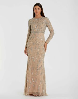 Nude Beaded Long Sleeve Evening Gown