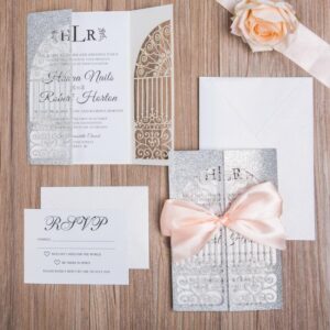 silver-glittery-laser-cut-wedding-invitations-with-ceremonial-gate-and-pink-bow-tie-lcz085