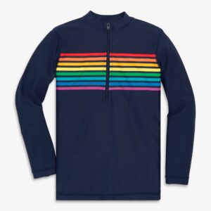 Long sleeve half zip rash guard in rainbow placed stripe